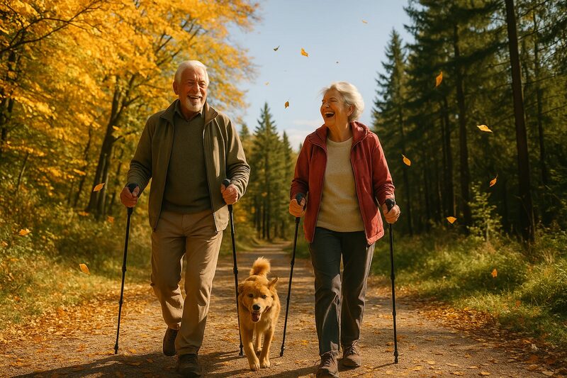 Zwei fröhliche aktive Senioren wandern mit Hund auf sonnigem Herbstwaldweg