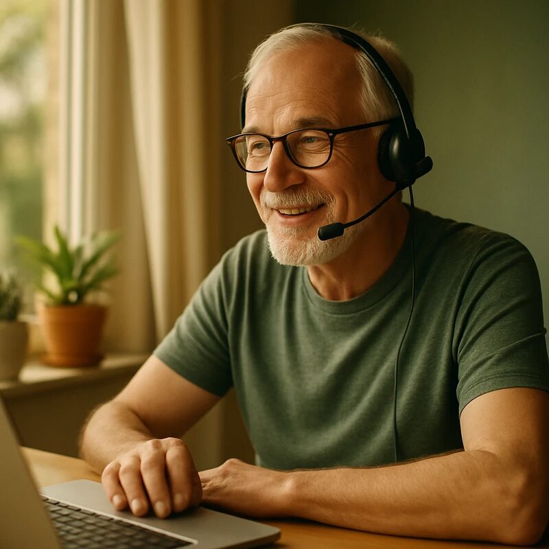 Fitter Senior arbeitet konzentriert mit Headset am Laptop, Online-Mentoring
