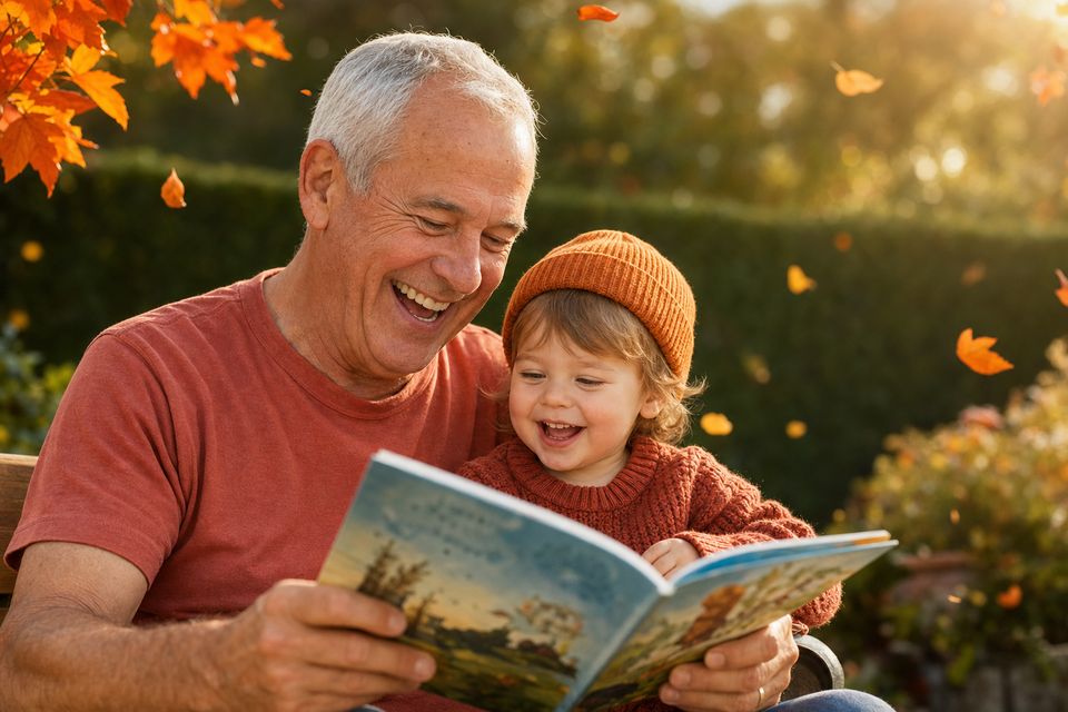 Fitter aktiver Senior lacht und liest einem Kind im sonnigen Herbstgarten vor